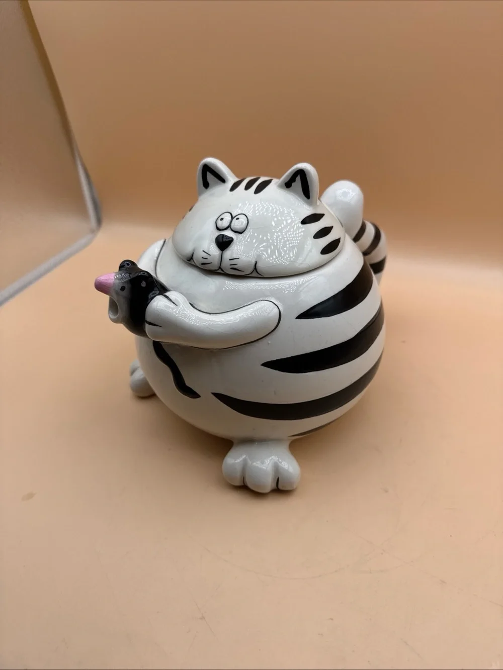 Pier 1 White and Black Striped Cat Toy Figurine with Pink Accent